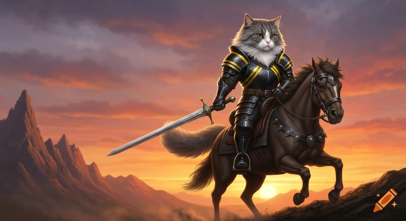 Knight Cat Rider A gray cat knight in black and yellow armor rides a horse with a sword ...