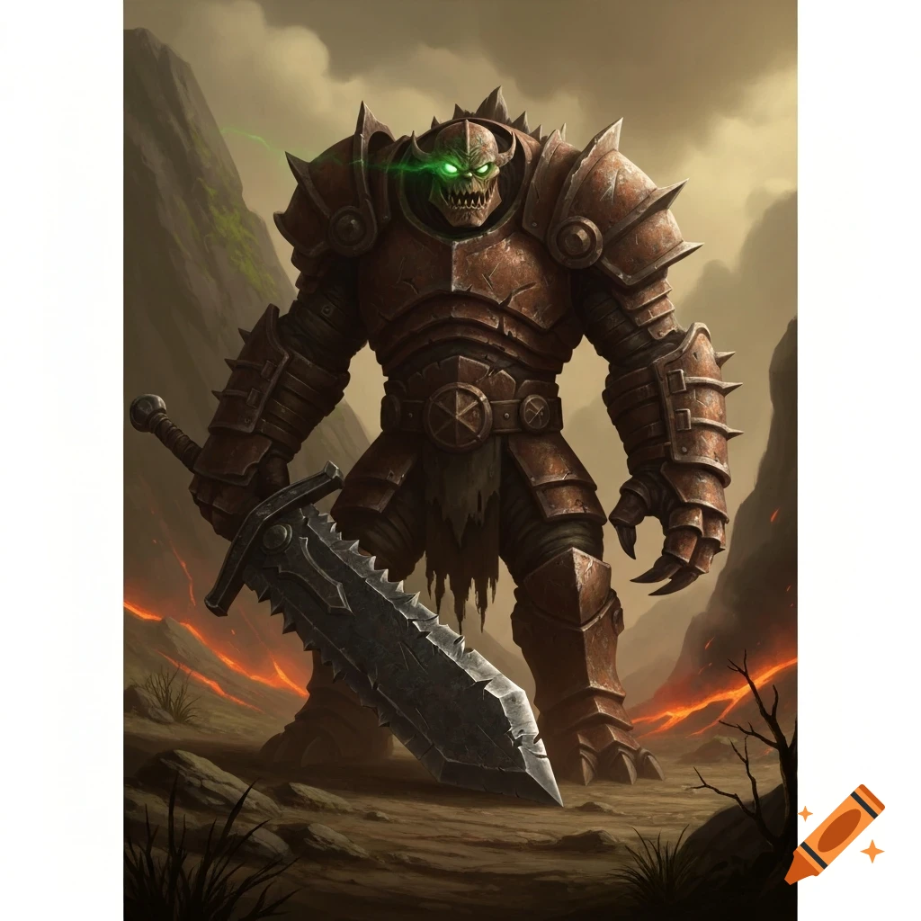 A heavily armored fantasy monster with glowing green eyes and a huge jagged sword stands in a volcanic landscape.