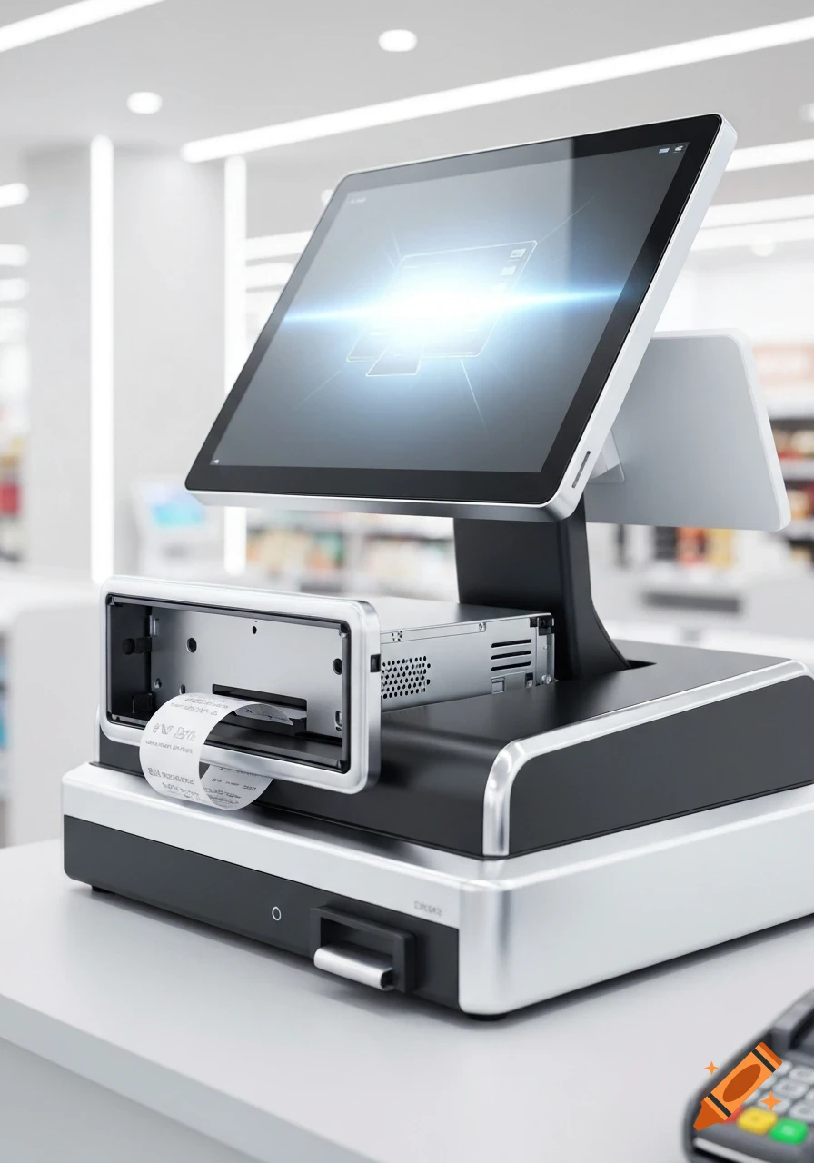 A photorealistic image of a modern all-in-one point-of-sale system with a large touch screen displaying an interface and a receipt printer.