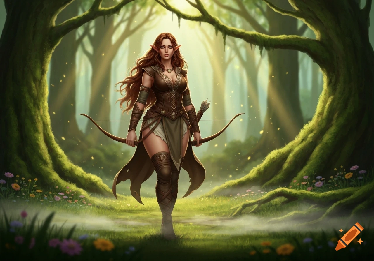 A majestic elf maiden with long brown hair stands holding a bow in a mystical, glowing forest. Digital art.