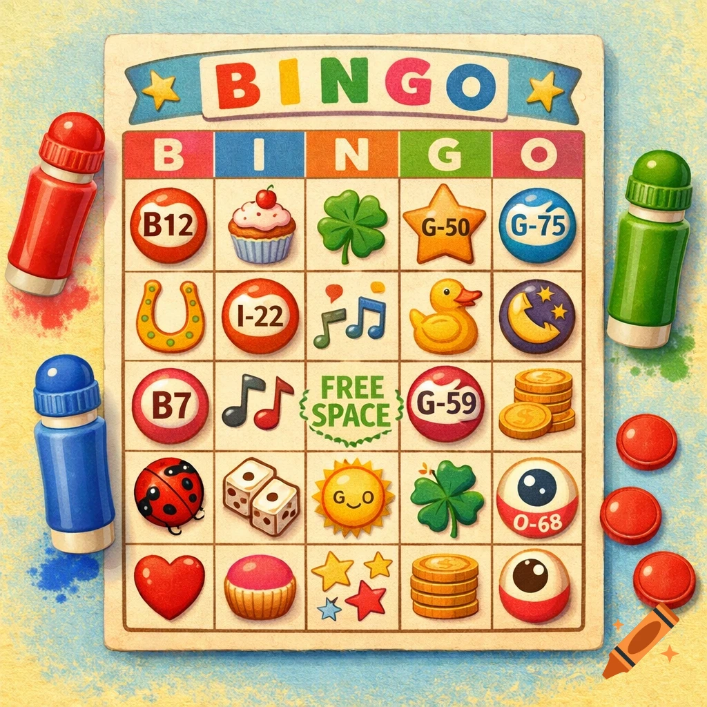 A cute, colorful bingo card filled with numbers, symbols like shamrocks and ducks, surrounded by red, blue, and green daubers and chips.
