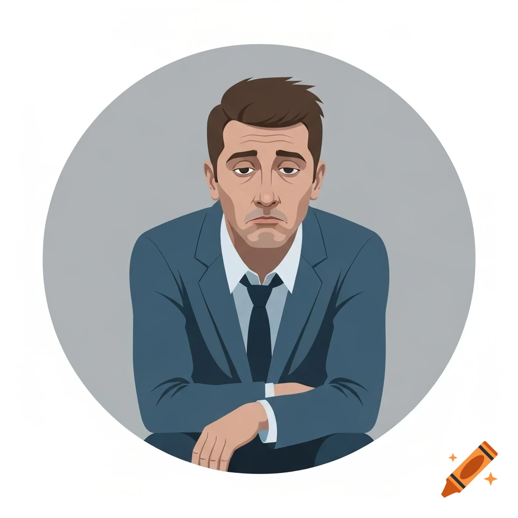 Illustration of a sad, bored man in a blue suit, sitting with crossed arms against a grey circle.