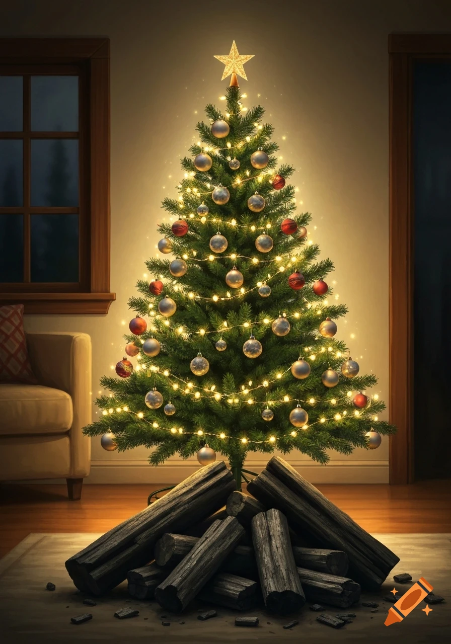 A glowing Christmas tree adorned with gold and red ornaments, topped with a star, stands over a pile of logs in a warmly lit room.