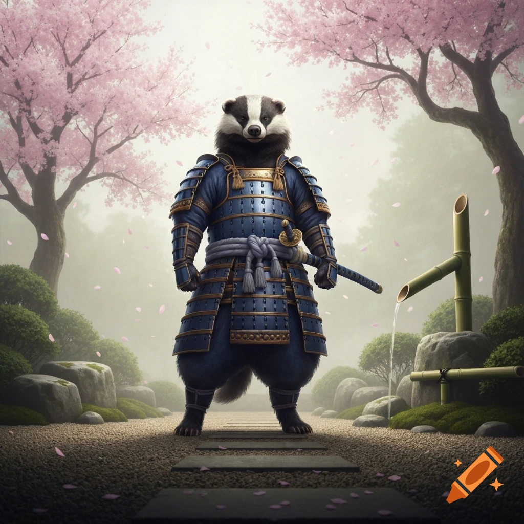 A badger in blue samurai armor stands in a serene Japanese garden with cherry blossom trees and a bamboo water feature.