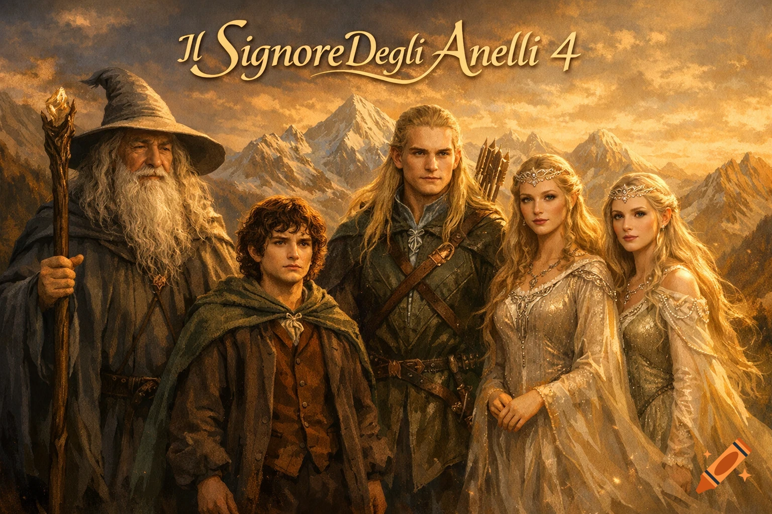 A digital painting of Gandalf, Frodo, Legolas, and two elf women standing before majestic mountains under a golden sky, with the title "Il SignoreDegli Anelli 4".