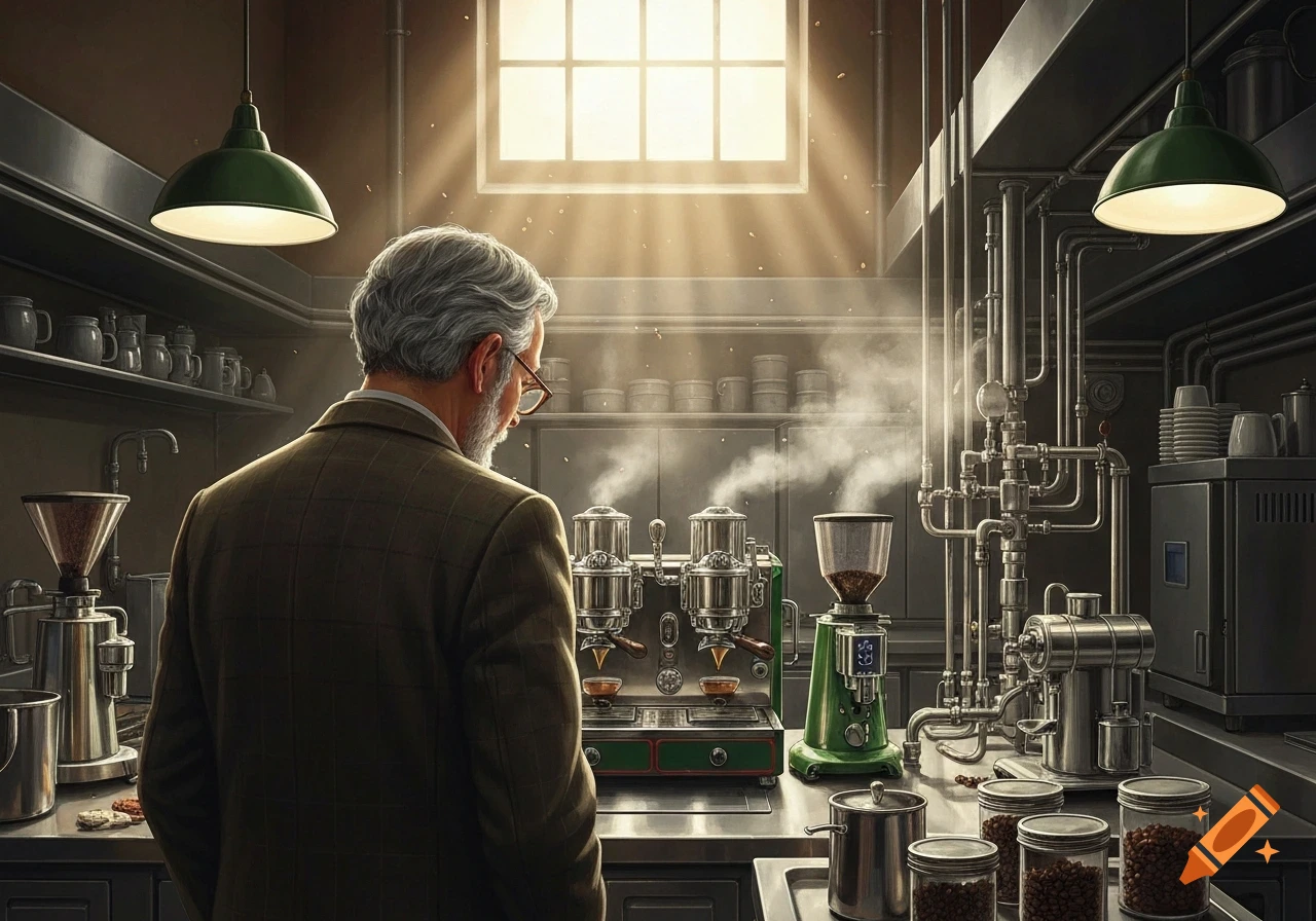 An older man with gray hair and glasses stands with his back to the viewer, looking at complex coffee machines in a vintage-style kitchen.