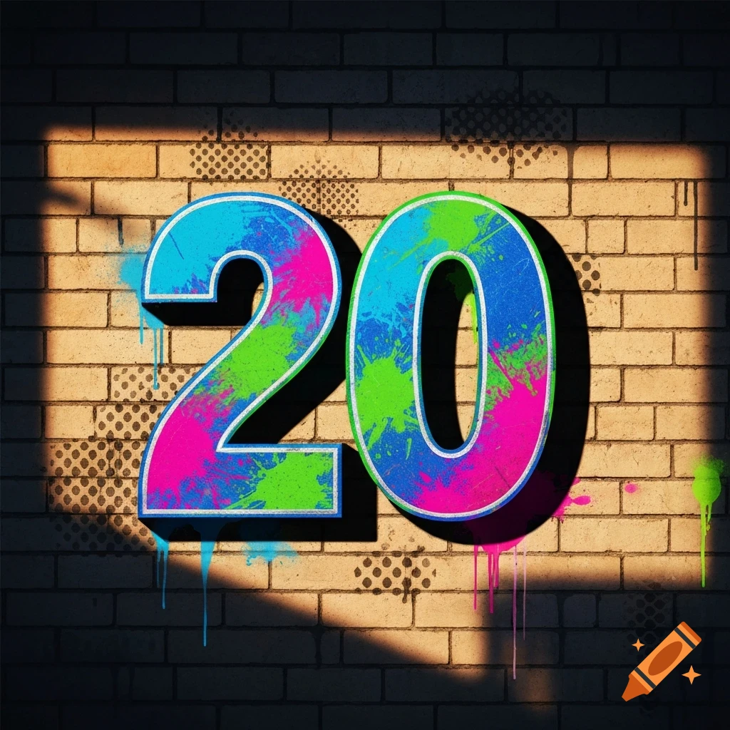 Vibrant graffiti style number 20 with paint splatters and drips on a brick wall, with light and shadow.