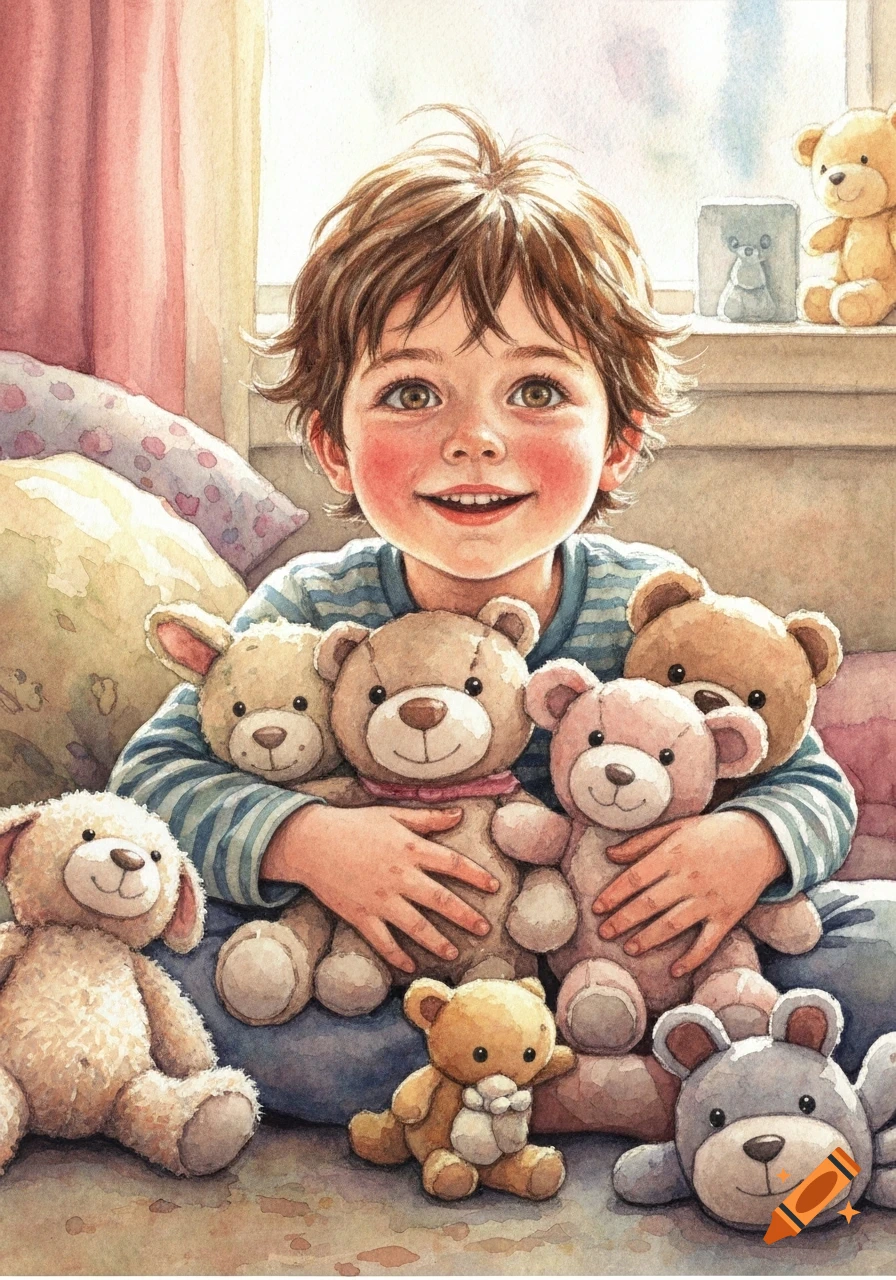 A smiling child with brown hair sits surrounded by and hugging several teddy bears, in a warm watercolor style.