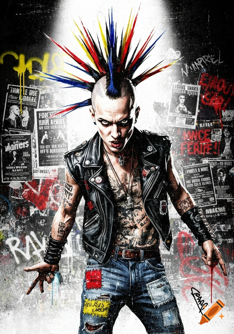 A fierce punk rocker with a colorful mohawk and tattoos stands defiantly against a grunge, graffiti-covered wall with torn posters.