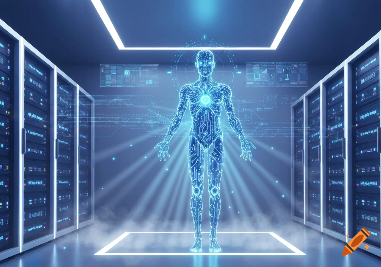 A glowing, circuit-patterned human figure stands in a futuristic server room surrounded by holographic data displays, digital art.