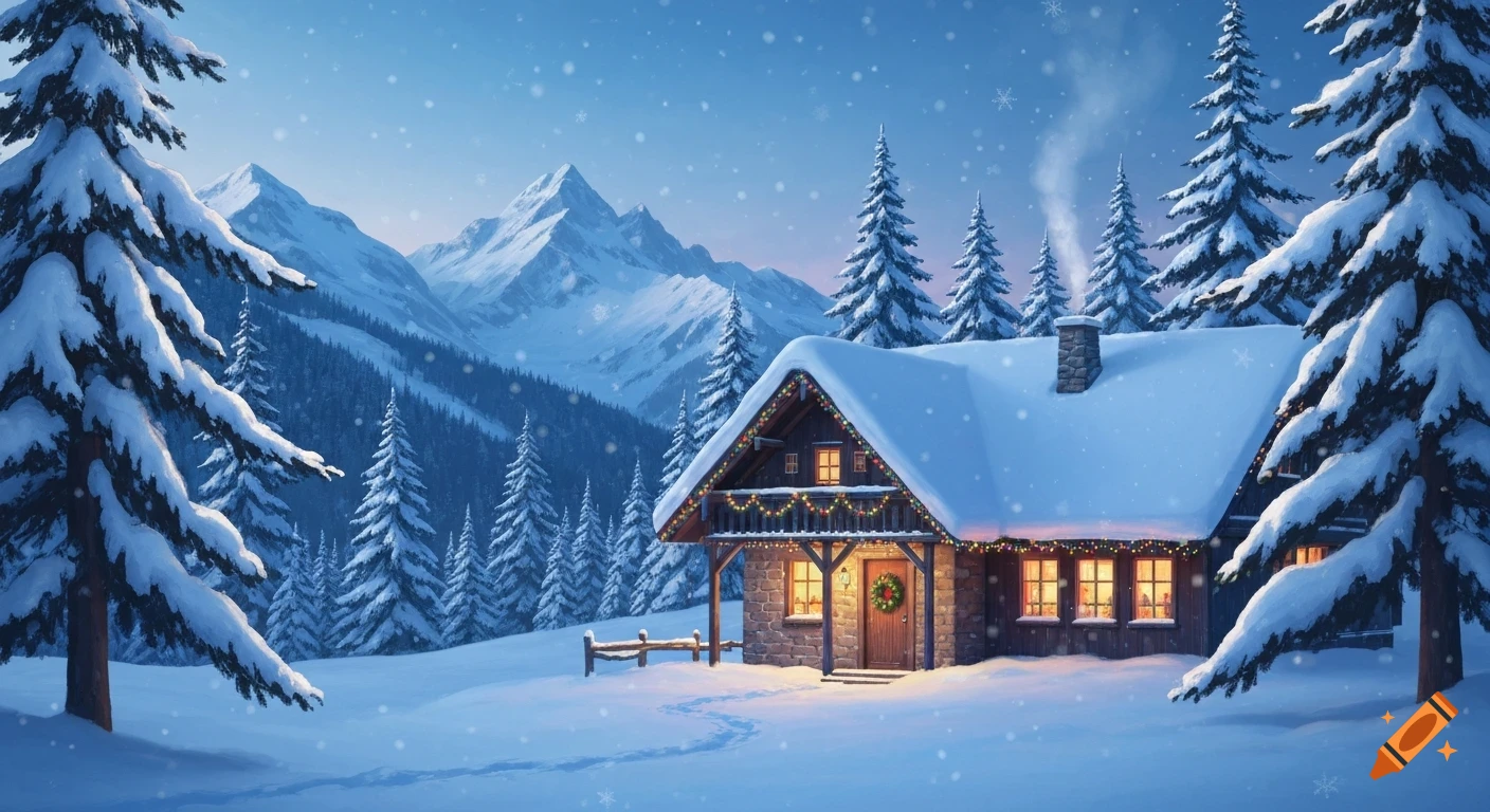 A cozy, snow-covered cabin with Christmas lights and a wreath, nestled in a winter mountain landscape with snow-laden evergreen trees.