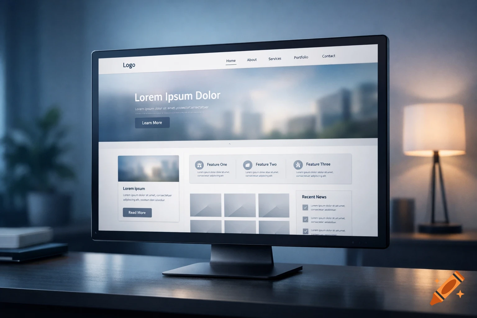 A modern computer monitor displaying a website mockup with placeholder text, set on a dark desk with a lamp in the background.