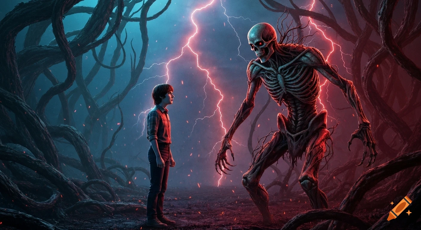 A child (Will Byers) confronts the towering, skeletal monster Vecna in a dark, twisted Upside Down landscape with red lightning.