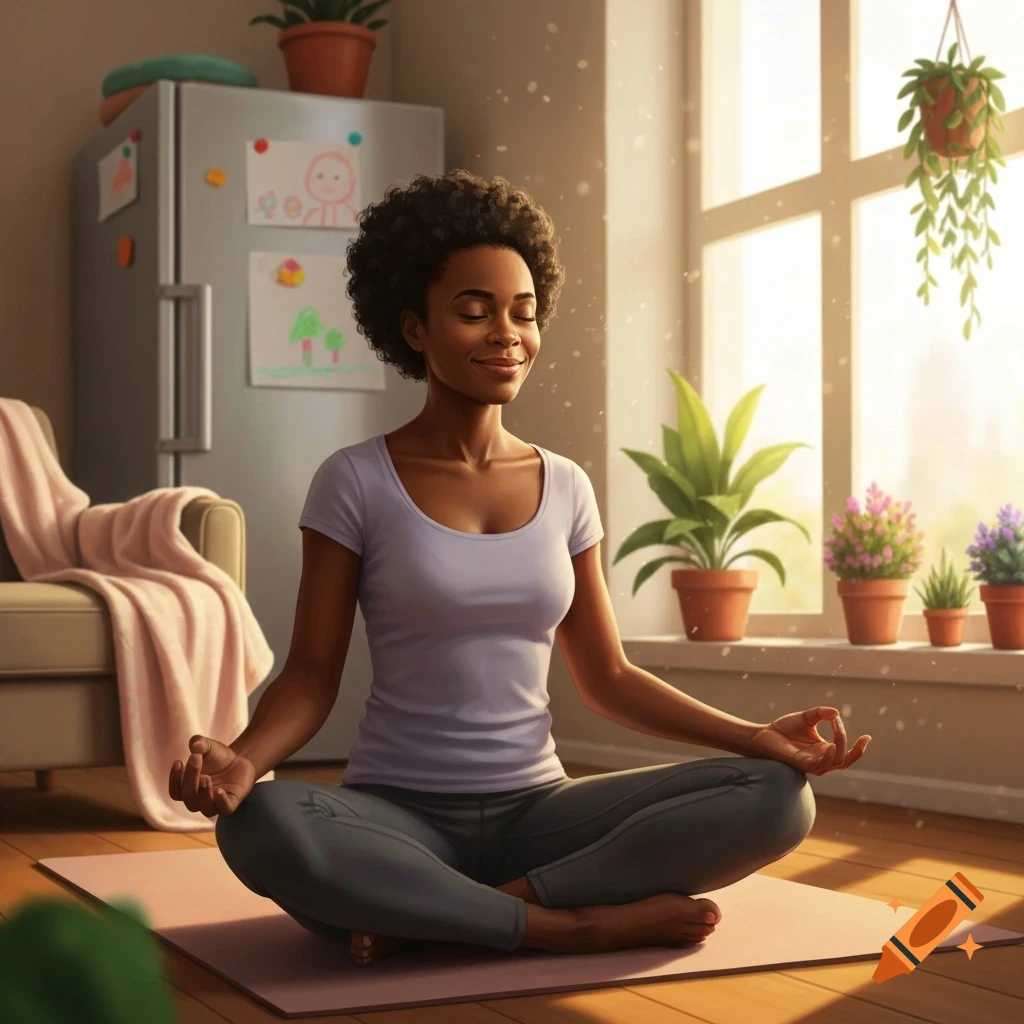 An African American woman with curly hair meditating on a pink mat in a sunlit room with plants and a refrigerator.