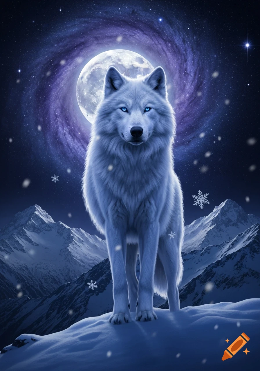 A majestic white wolf with glowing blue eyes stands on a snowy mountain peak under a full moon and a vibrant purple spiral galaxy in a starry night sky with falling snowflakes.