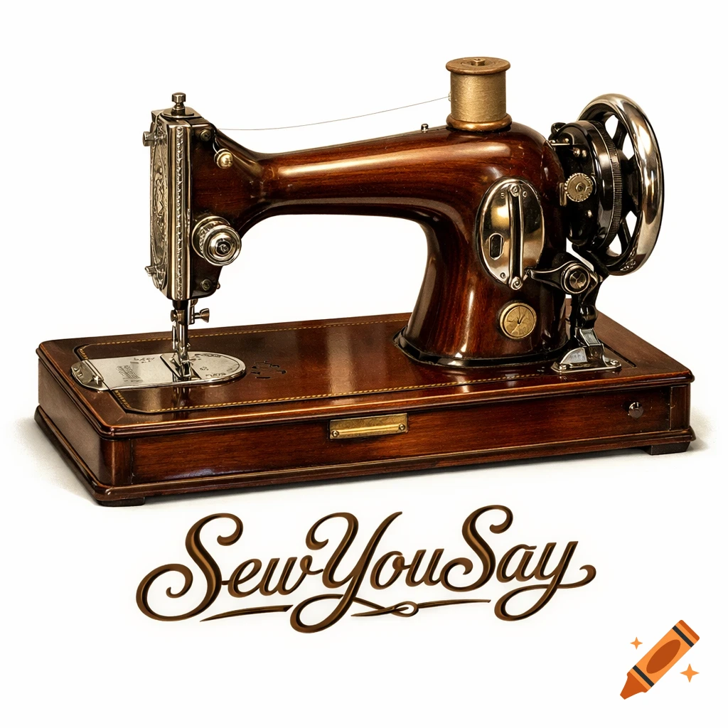 A vintage wooden and metal sewing machine with a gold thread spool sits above the ornate text 'Sew You Say' on a white background.
