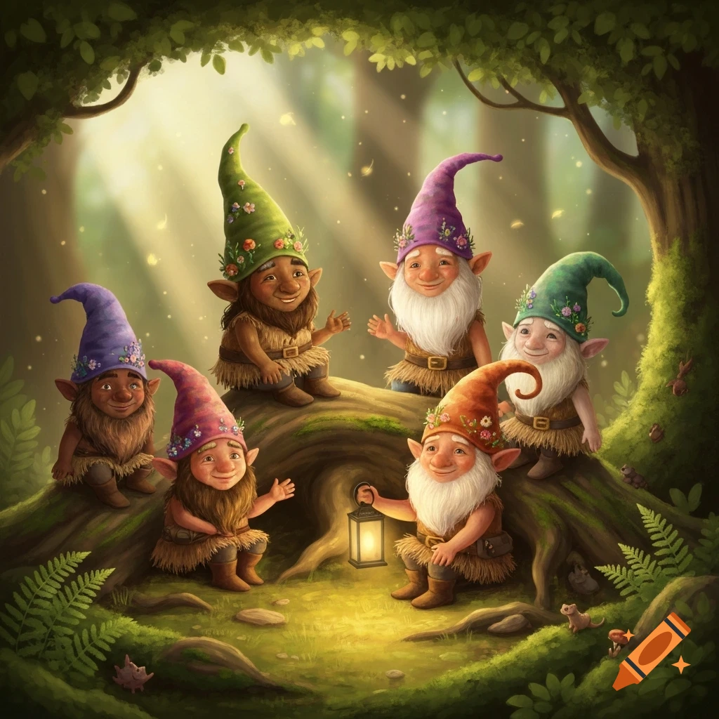 An illustration of six gnomes with various skin tones and colorful hats in a lush, sunlit fantasy forest.