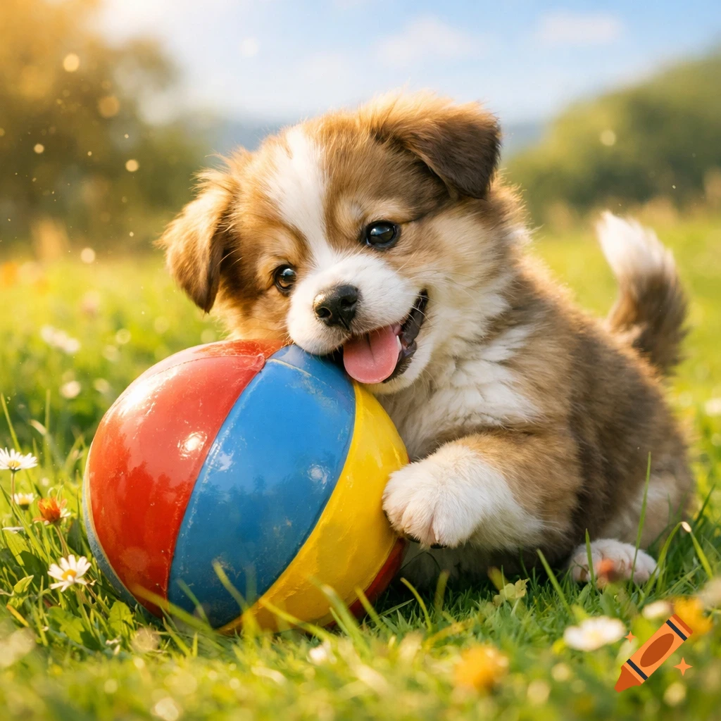 A fluffy brown and white puppy playfully chewing on a red, blue, and yellow ball in a sunny green field with small white flowers.