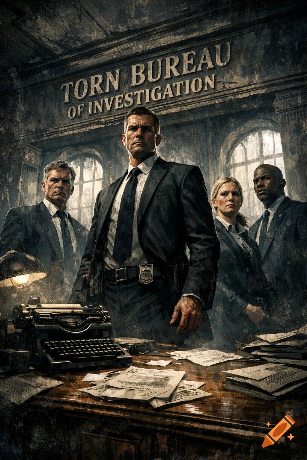 Four determined federal agents stand in a grungy office under a sign reading "TORN BUREAU OF INVESTIGATION", with a typewriter on a desk in the foreground.