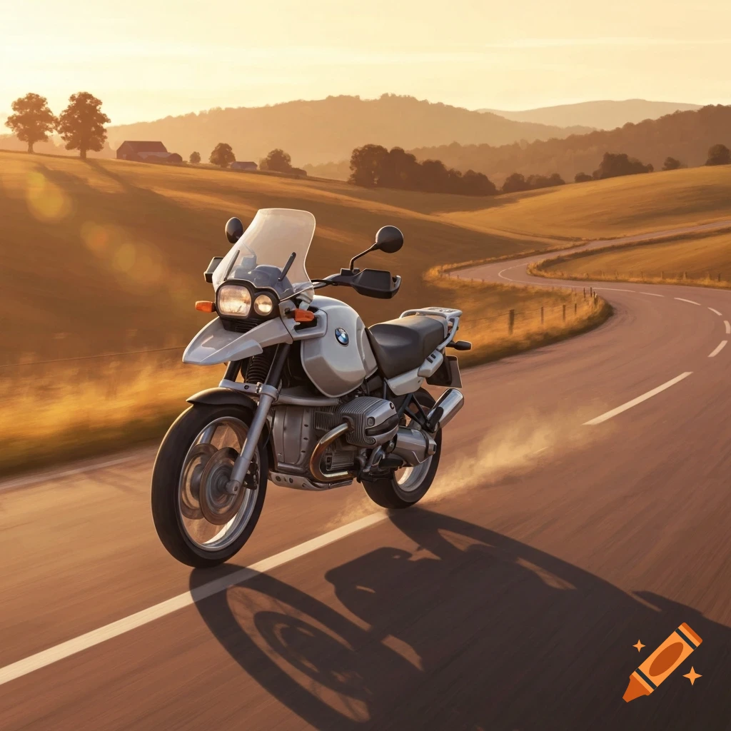 A photorealistic BMW R1150 GS motorcycle drives along a winding country road during sunset.