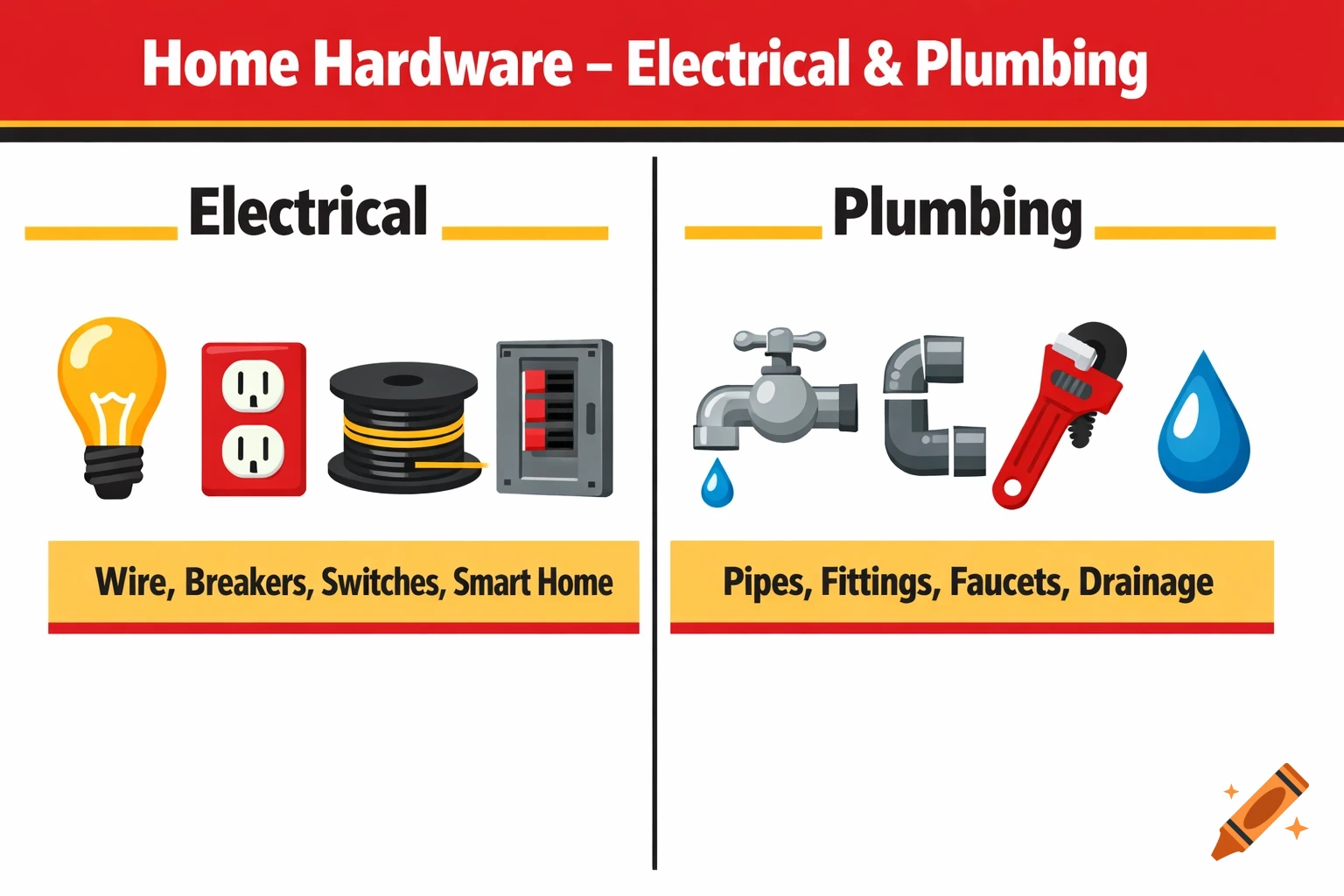 An illustration with a red header Home Hardware – Electrical & Plumbing, divided into two sections. The Electrical side shows a light bulb, outlet, wire spool, and breaker panel, with text 'Wire, Breakers, Switches, Smart Home'. The Plumbing side shows a faucet, pipe, wrench, and water droplet, with text 'Pipes, Fittings, Faucets, Drainage'.