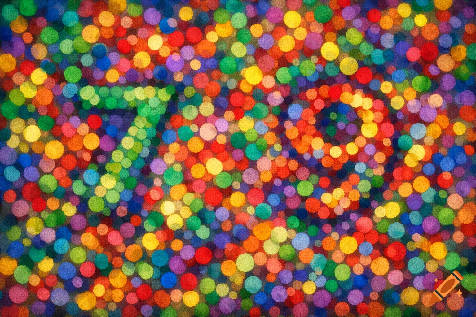 A colorful abstract pattern of many small, vibrant dots, with the numbers 7 and 9 cryptically formed within the design.
