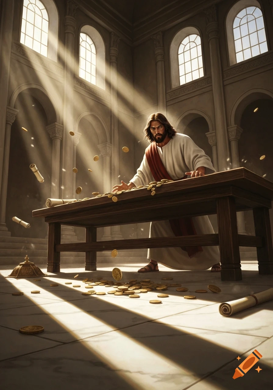 Jesus, with a stern expression, pushes coins and scrolls from a wooden table in a grand, sunlit hall with arched windows.