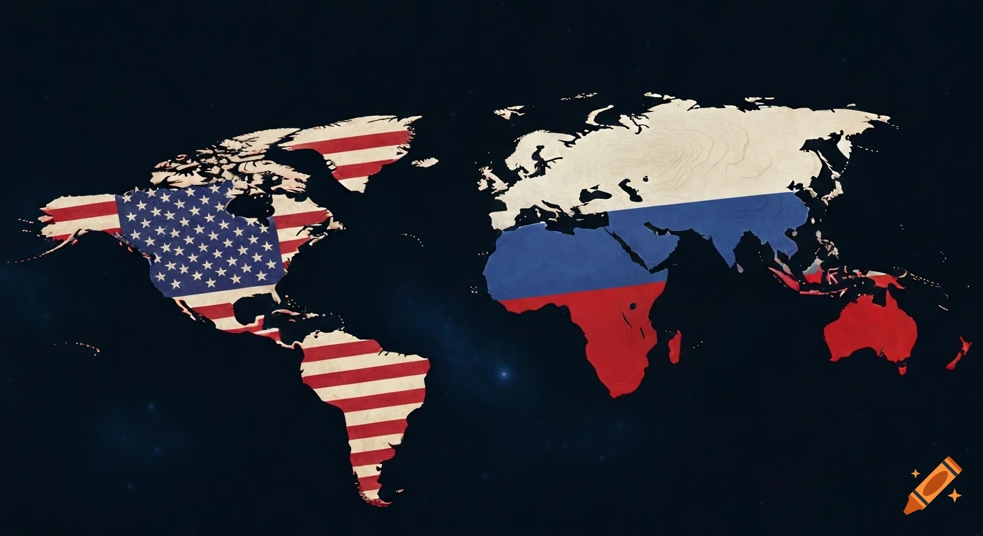 World map with North and South America patterned as the US flag, and Europe, Asia, Africa, and Australia as the Russian flag.