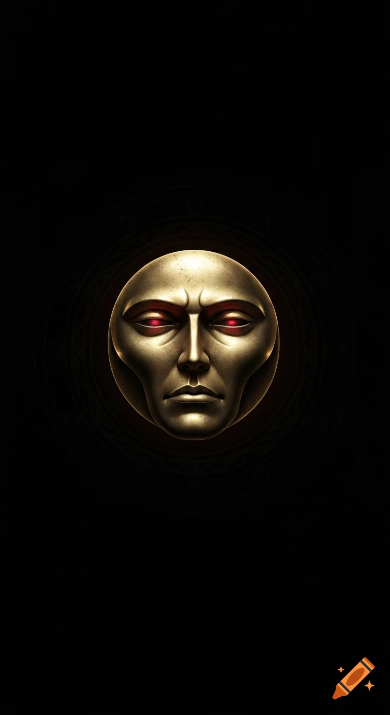 A gold metallic mask with red glowing eyes and a serious expression on a dark background with subtle patterns.
