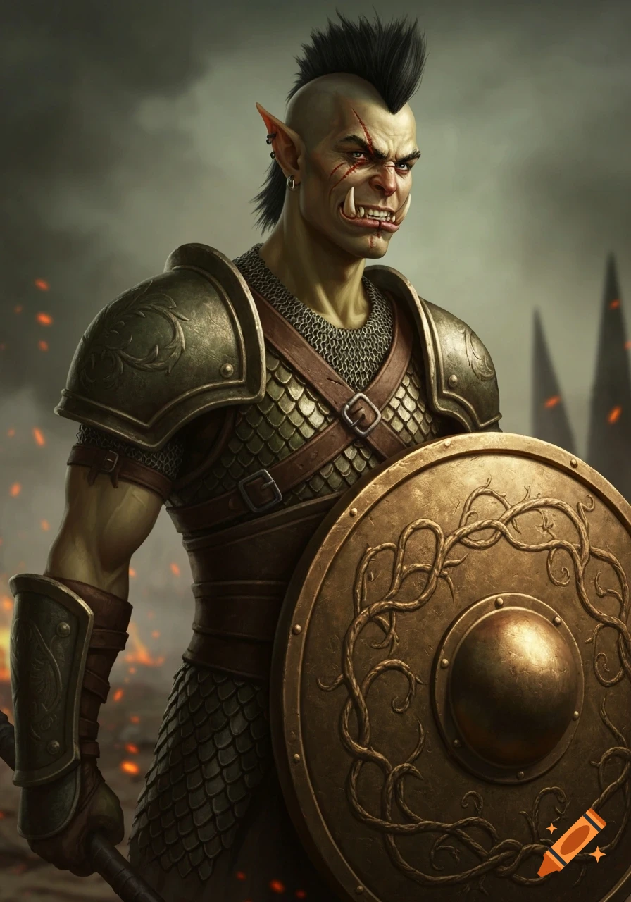 A male orc warrior with green skin, a black mohawk, and facial scars, wearing scale mail armor, holding a bronze shield with a vine pattern.
