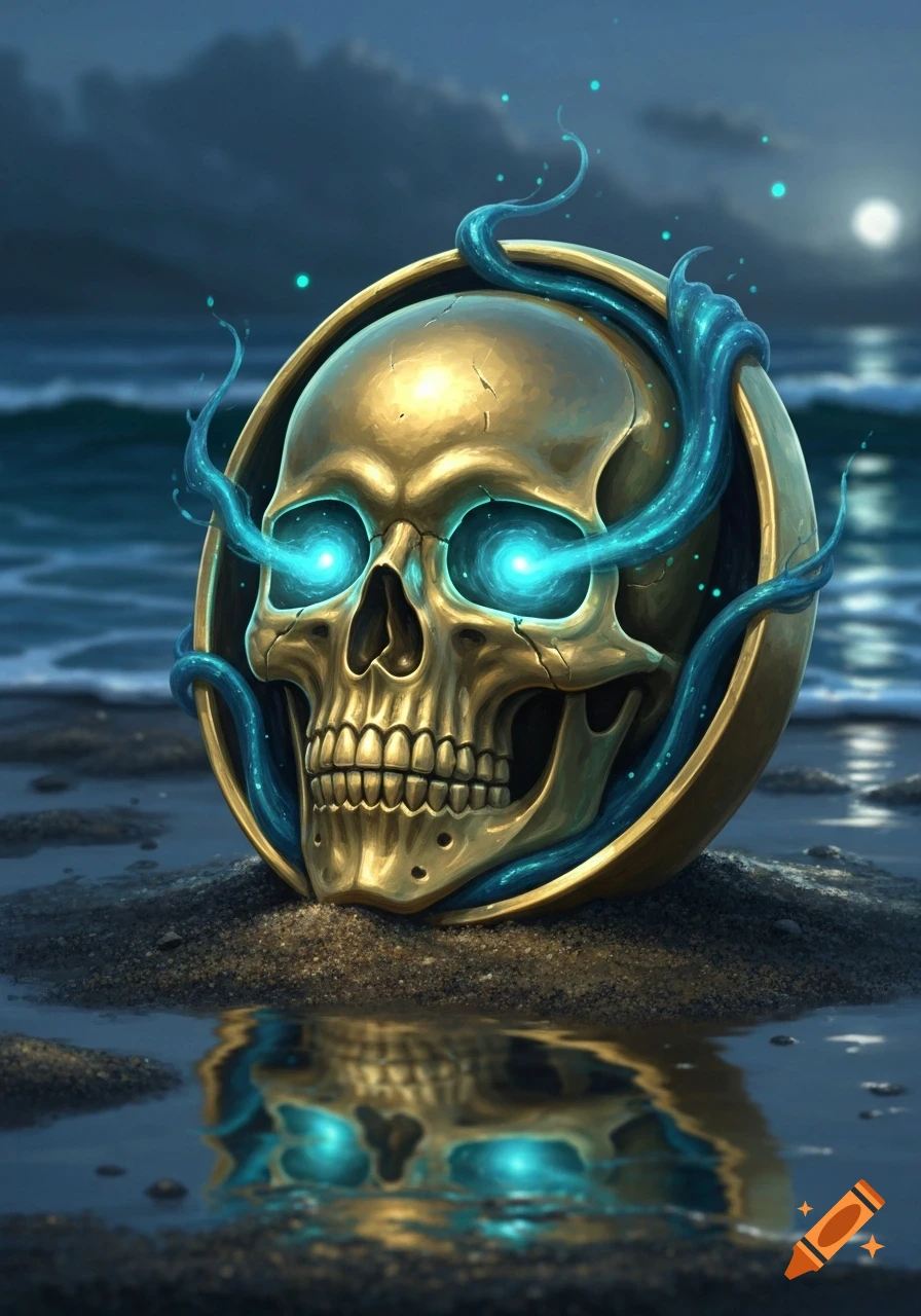 A golden skull amulet with glowing blue eyes and tendrils rests on a sandy beach, reflecting in shallow water under a moonlit ocean.