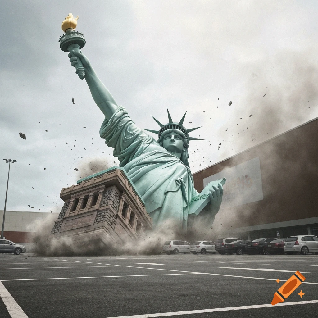 A colossal replica of the Statue of Liberty has toppled over in a parking lot, amidst dust and debris, next to a large building.