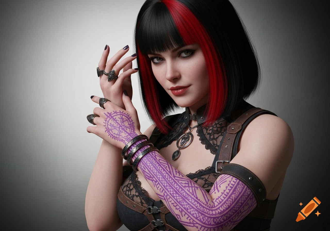Photorealistic portrait of a goth-inspired woman with black and red hair, dark makeup, rings, and purple patterned arm tattoos, wearing a lace top and leather harness.
