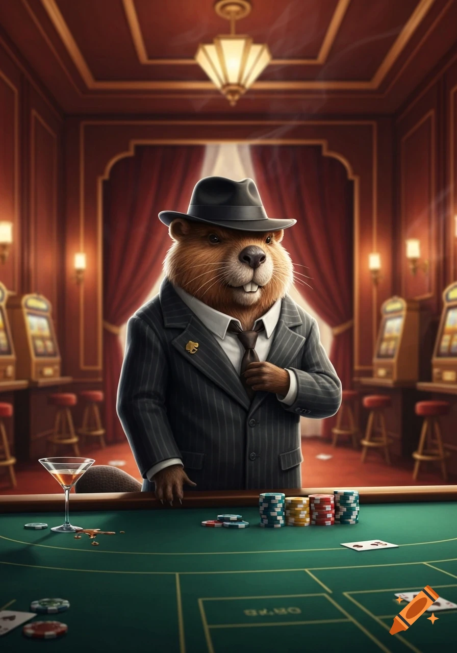 A photorealistic anthropomorphic beaver in a pinstripe suit and fedora, standing at a poker table in a lavish casino.