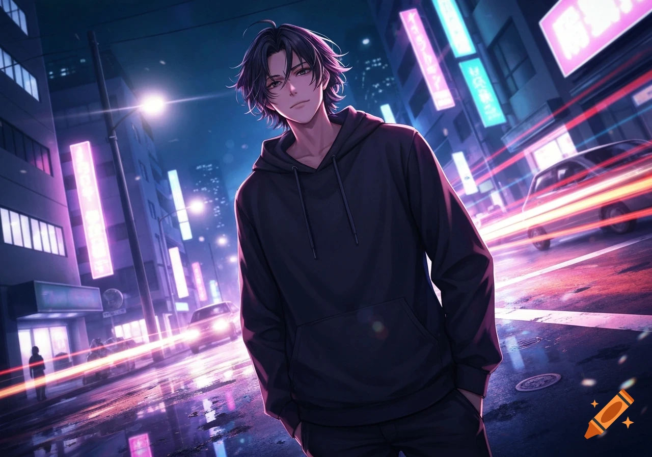 An anime-style male character with dark hair in a black hoodie stands on a wet city street at night, with neon signs and blurred car lights in the background.