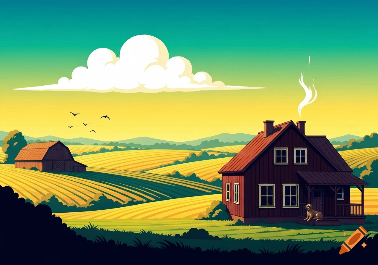 Stylized drawing of a countryside landscape with a dark red house, a dog on the porch, a distant barn, and golden fields under a bright sky.