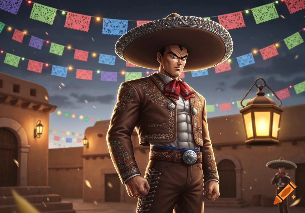 Stylized muscular man resembling Vegeta in a mariachi suit and sombrero, in a festive Mexican village with papel picado.