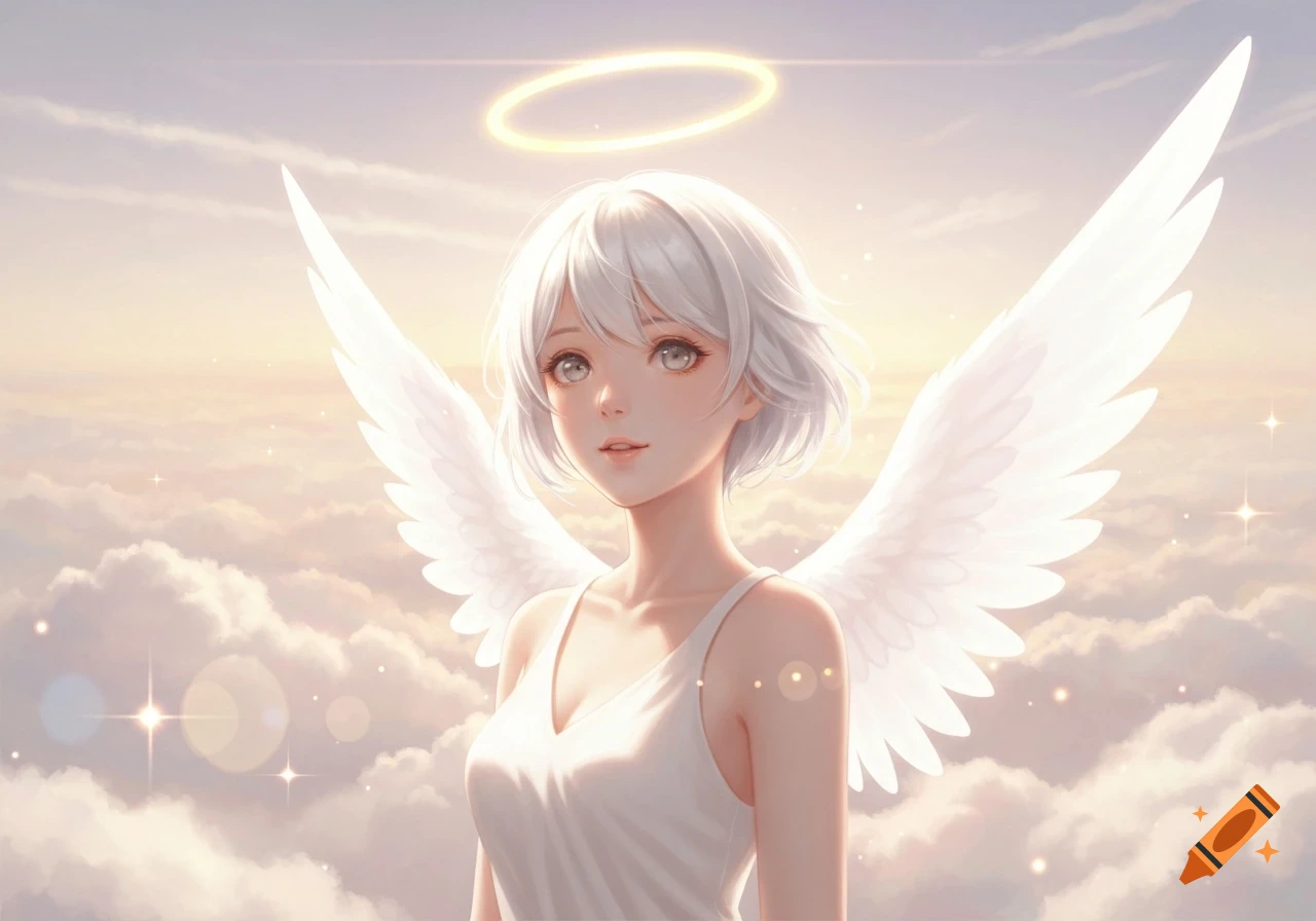 Anime-style angel girl with white hair, wings, and a halo, floating among clouds at sunset.