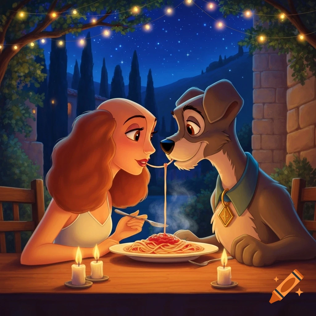 Lady and the Tramp share a spaghetti strand during a romantic outdoor dinner under string lights, in an animated style.