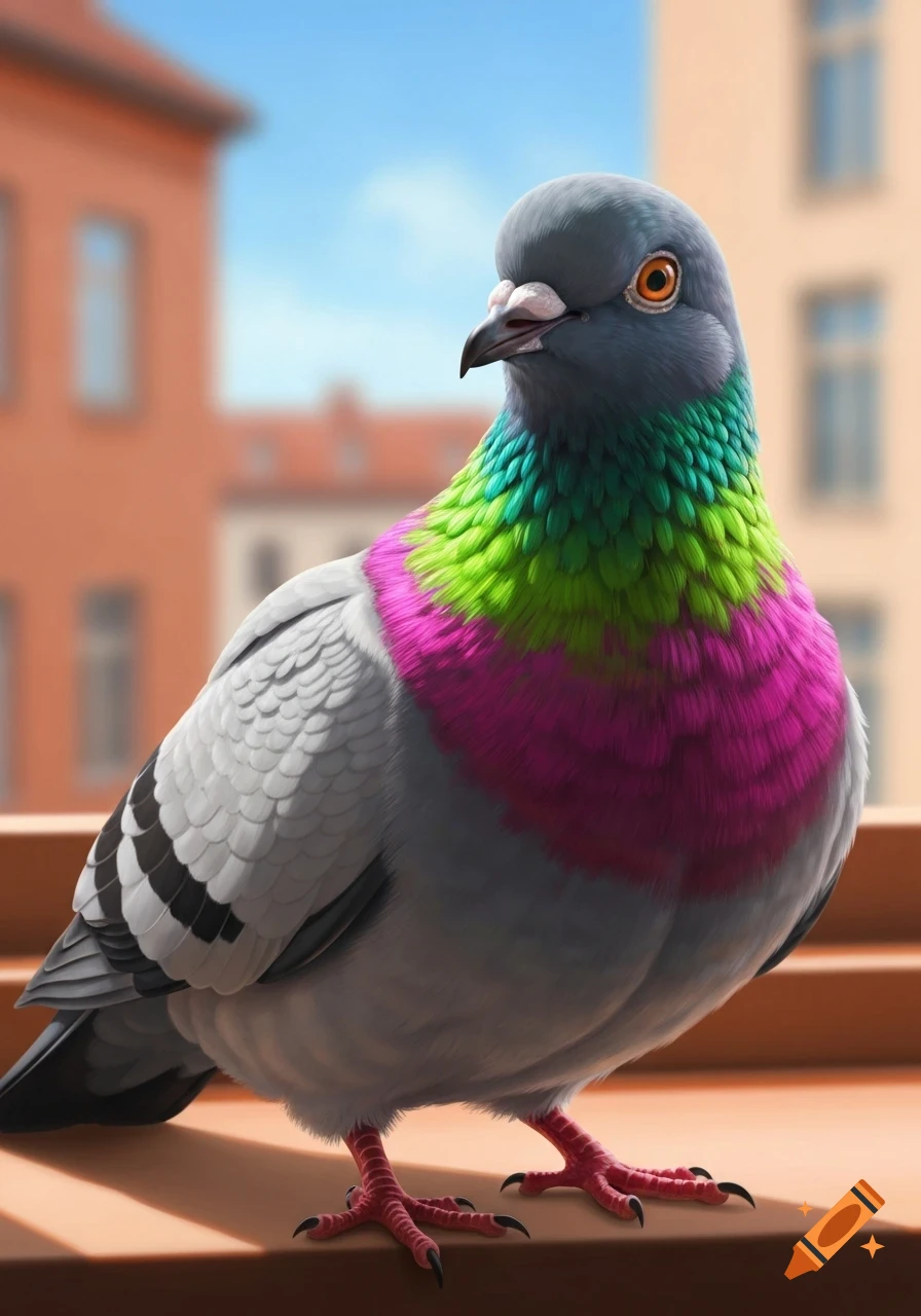 A photorealistic pigeon with vibrant pink and green neck feathers stands on a wooden ledge, with blurred buildings in the background.