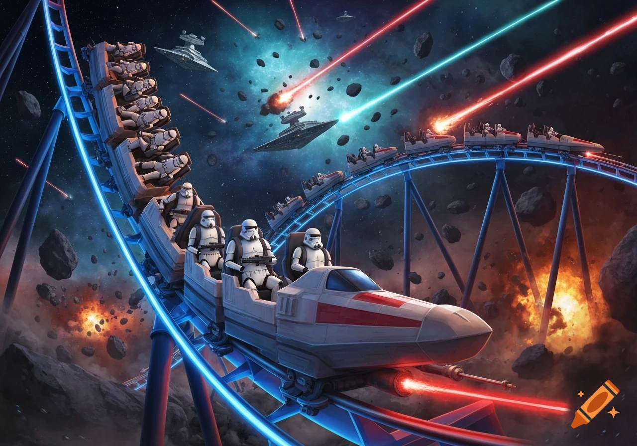 Stormtroopers ride a Star Wars-themed roller coaster through a space battle with spaceships, lasers, and asteroids.