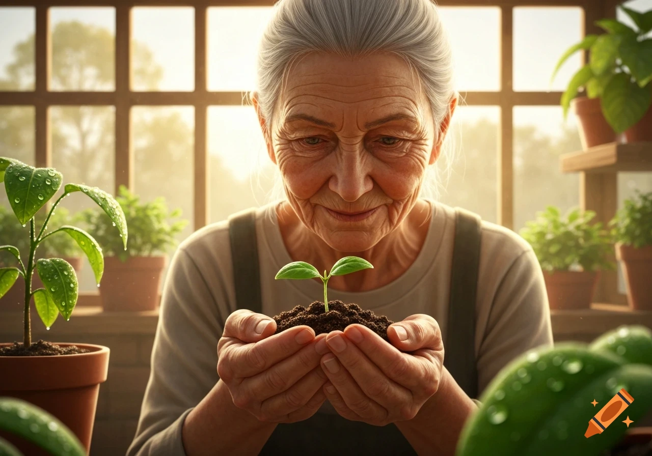 An elderly woman with gray hair gently holds a small green sprout in her hands, smiling, in a sunlit greenhouse with other plants. Photorealistic.