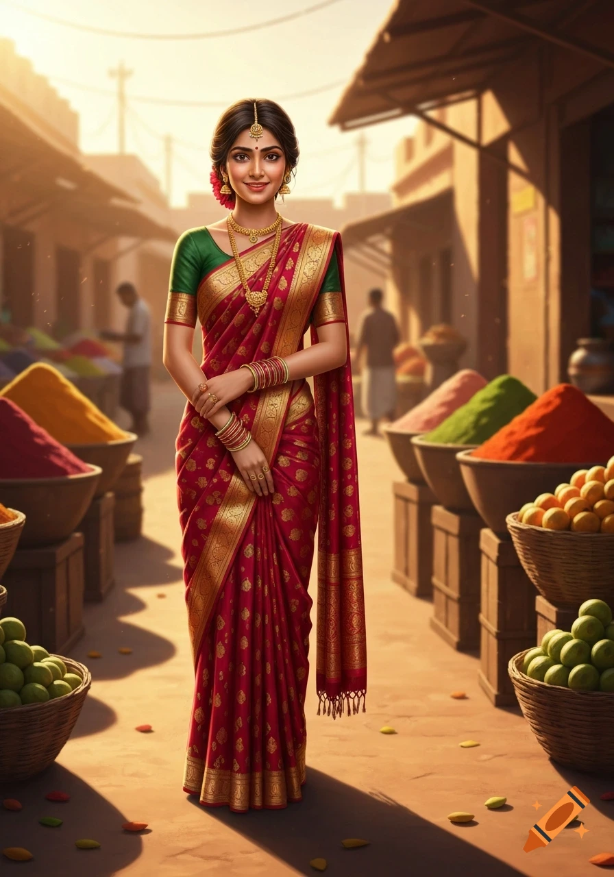 A young Indian woman in a traditional red and gold sari smiles in a vibrant outdoor market with colorful spices and fruits.