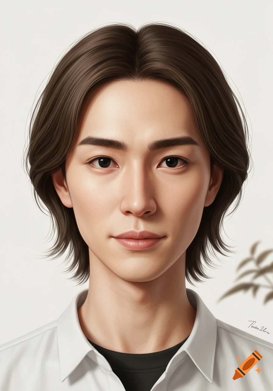 Close-up realistic portrait of a young person with medium-length brown hair and a gentle smile, wearing a white collared shirt.