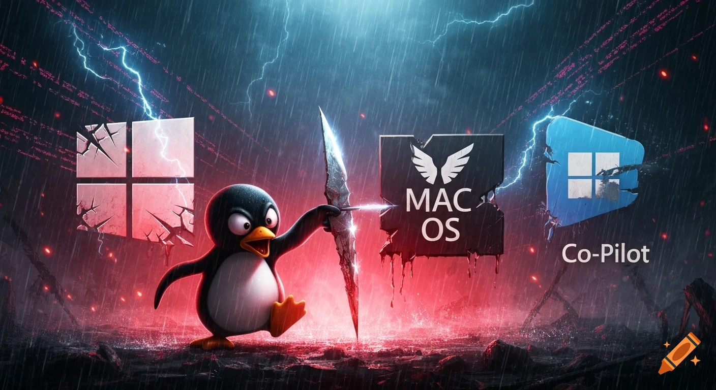 Tux the Linux penguin, holding a glowing spear, stands defiantly ...
