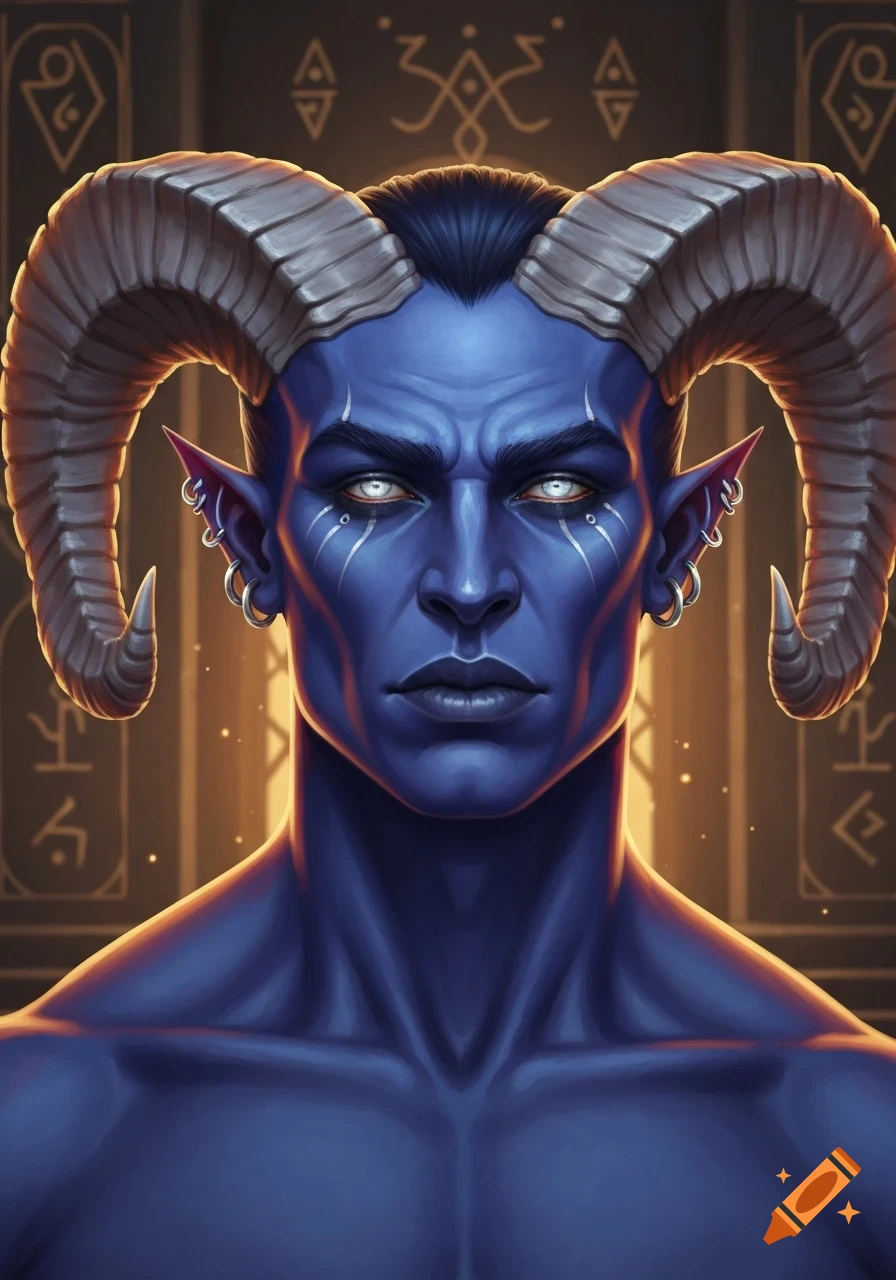 A close-up digital art portrait of a blue-skinned male tiefling with large ram horns, silver eyes, and ear piercings, against a dark background with golden symbols.