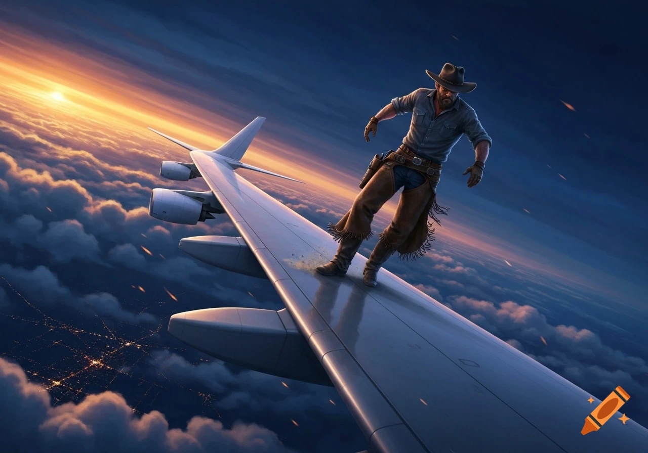 A photorealistic image of a rugged cowboy standing on the wing of a commercial airplane flying above clouds and city lights at sunset.