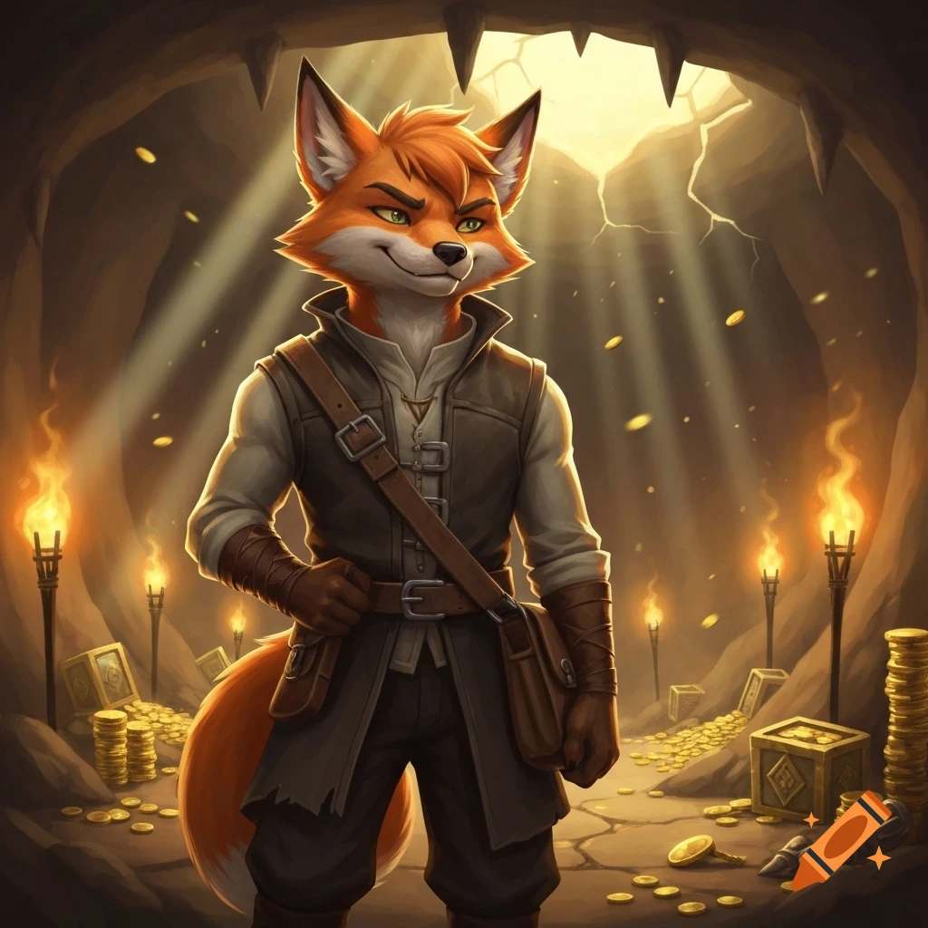 An anthropomorphic fox adventurer with green eyes and an outfit, standing in a glowing, treasure-filled cave with torches.