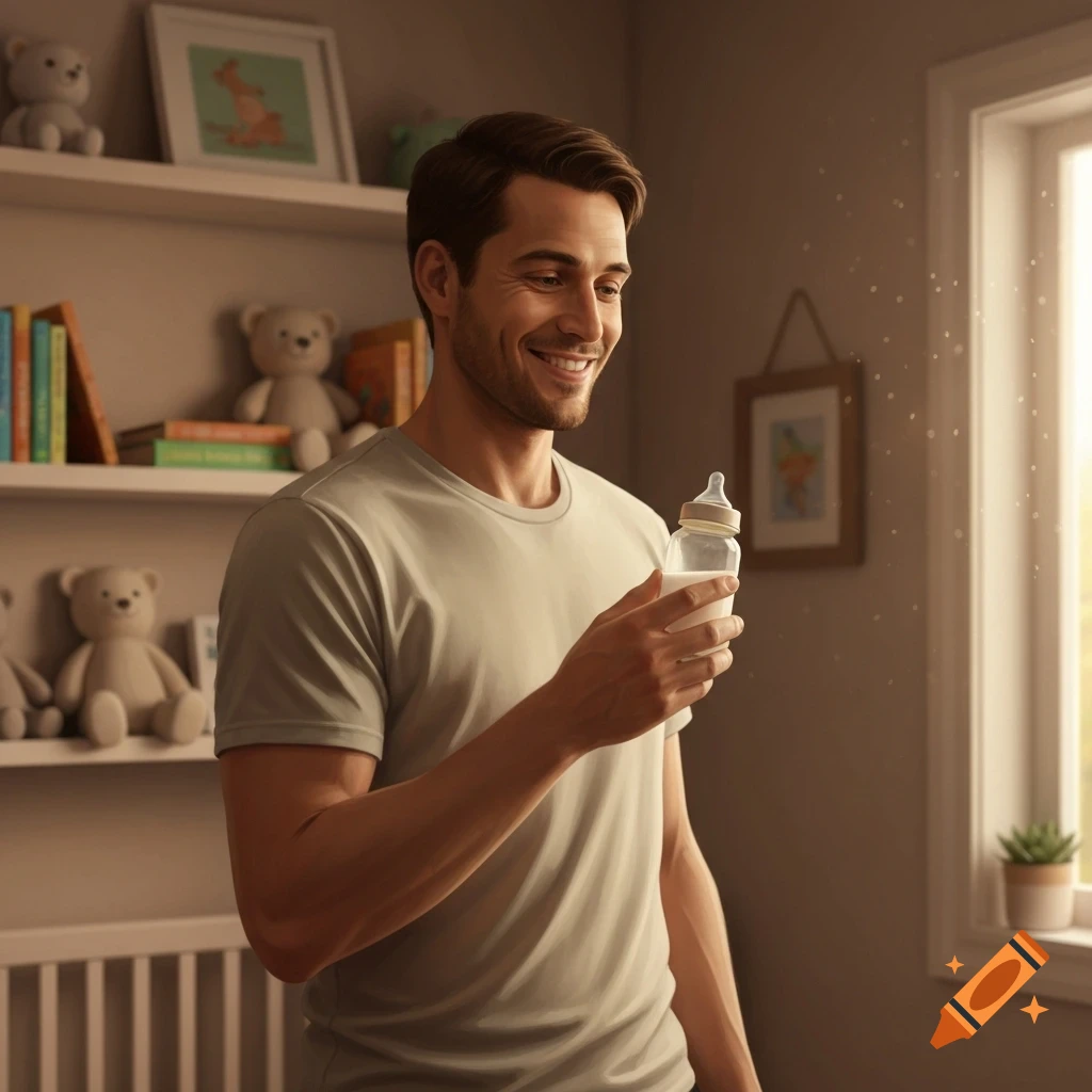 A smiling man in a t-shirt holds a baby bottle in a softly lit nursery with teddy bears on shelves.