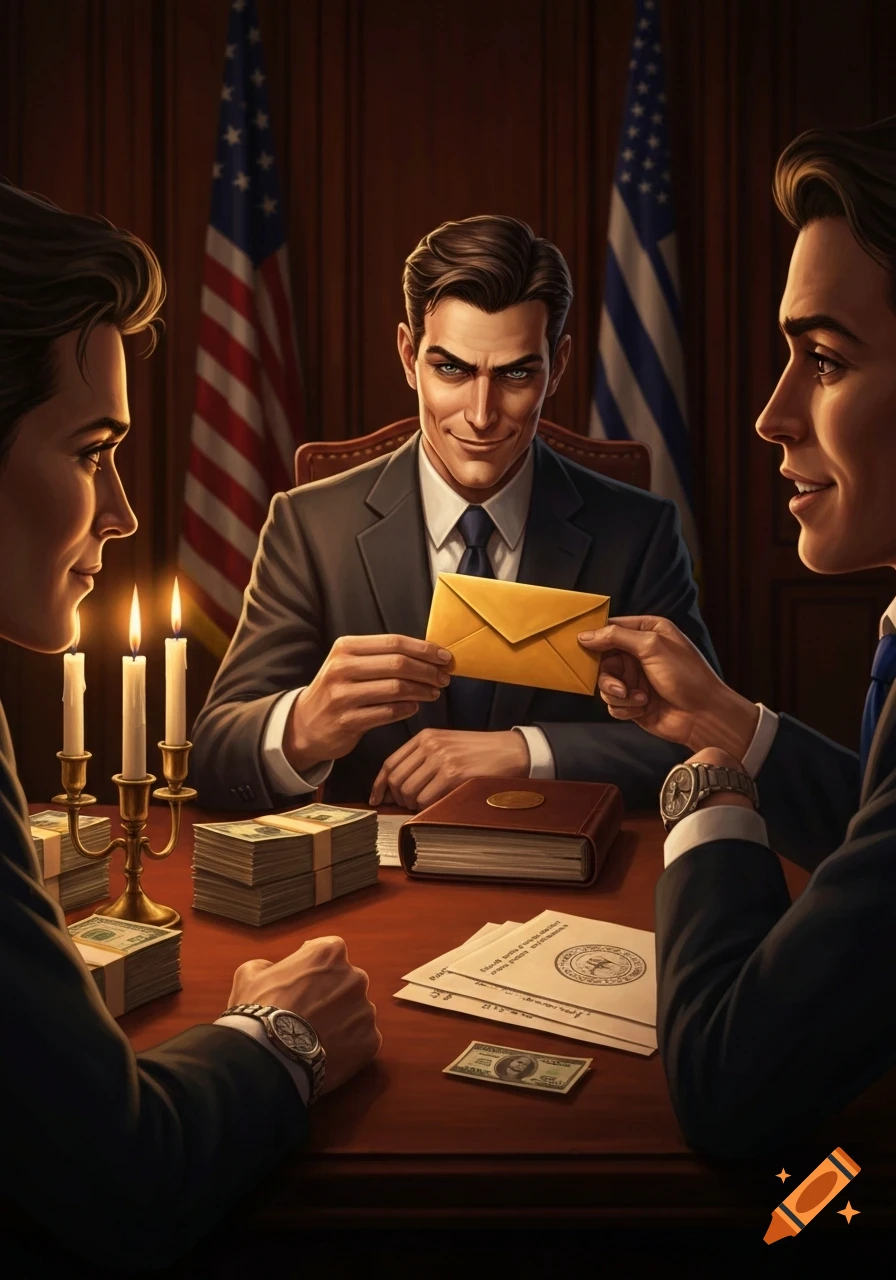 Illustrative scene of men in suits at a table with money, one receiving a golden envelope with a sinister smirk, implying bribery.